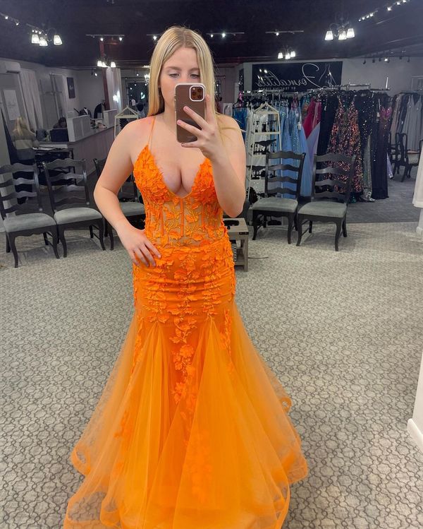 Cute Mermaid Sweetheart Orange Prom Dress with Appliques