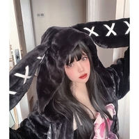 Cute Gothic Soft Fluffy Plush Cross Pattern Rabbit Bunny Ears Pink Black Long Jacket Coat - Thumbnail 1