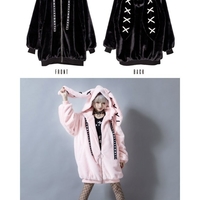 Cute Gothic Soft Fluffy Plush Cross Pattern Rabbit Bunny Ears Pink Black Long Jacket Coat - Thumbnail 4