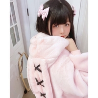 Cute Gothic Soft Fluffy Plush Cross Pattern Rabbit Bunny Ears Pink Black Long Jacket Coat - Thumbnail 6
