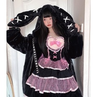 Cute Gothic Soft Fluffy Plush Cross Pattern Rabbit Bunny Ears Pink Black Long Jacket Coat - Thumbnail 3