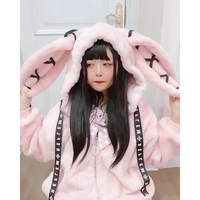 Cute Gothic Soft Fluffy Plush Cross Pattern Rabbit Bunny Ears Pink Black Long Jacket Coat - Thumbnail 7