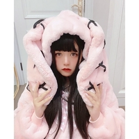 Cute Gothic Soft Fluffy Plush Cross Pattern Rabbit Bunny Ears Pink Black Long Jacket Coat - Thumbnail 8
