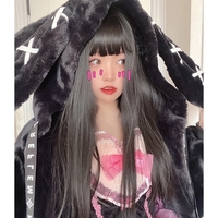 Cute Gothic Soft Fluffy Plush Cross Pattern Rabbit Bunny Ears Pink Black Long Jacket Coat - Thumbnail 2