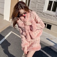 Korean Working Women Elegant Autumn Winter Pink Houndstooth Top Jacket Coat Skirt Two Piece Set - Thumbnail 2