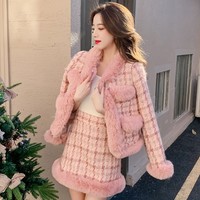 Korean Working Women Elegant Autumn Winter Pink Houndstooth Top Jacket Coat Skirt Two Piece Set - Thumbnail 4