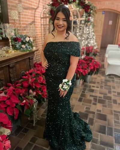 Cute Mermaid One Shoulder Dark Green Sequins Long Prom Dresses