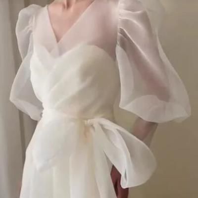 Vintage a line v neck long prom dress 