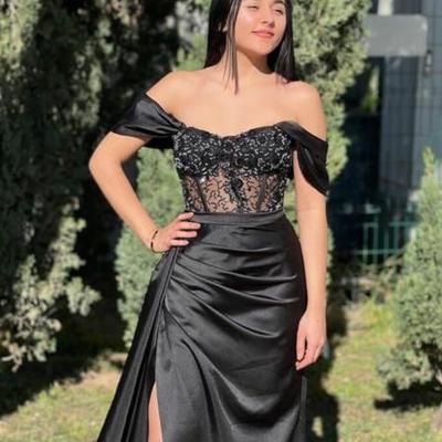 Elegant off the shoulder black prom dress with leg split  - Thumbnail 2