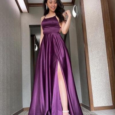 A-line scoop neck long satin prom dress with split 
