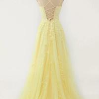 Elegant Yellow A-line Tulle Lace Prom Dress - Thumbnail 1