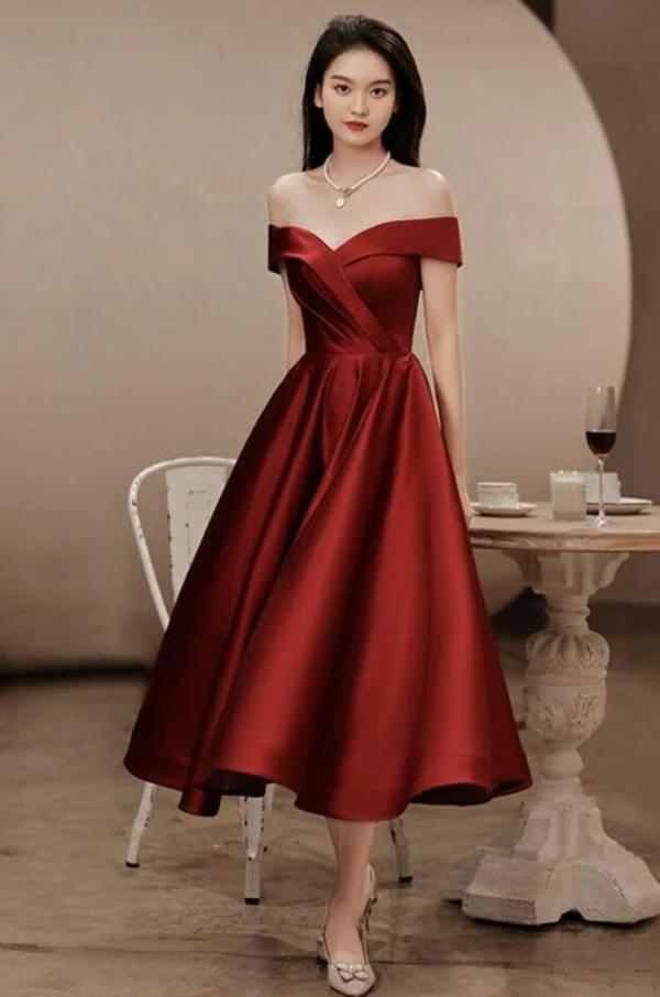 Off Shoulder Satin Tea Length Wine Red Prom Dress