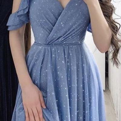 Spaghetti straps a line blue prom dress with split - Thumbnail 3