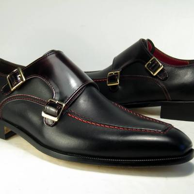 Men's choice double monk black leather buckle shoes handmade dress shoes