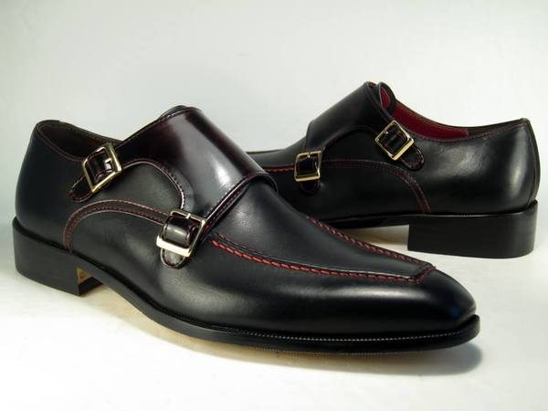 Men's Choice Double Monk Black Leather Buckle Shoes Handmade Dress Shoes