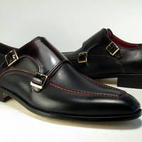 Men's Choice Double Monk Black Leather Buckle Shoes Handmade Dress Shoes - Thumbnail 1