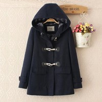 Korean style casual horn button mid-length woolen coat - Thumbnail 4