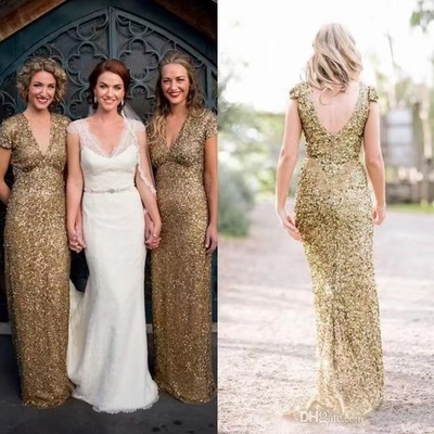 V neck sequins bridesmaid dresses sheath - Thumbnail 2