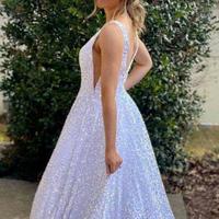 A Line Glitter V-Neck White Sequin Prom Dress - Thumbnail 1