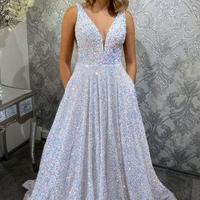 A Line Glitter V-Neck White Sequin Prom Dress - Thumbnail 2