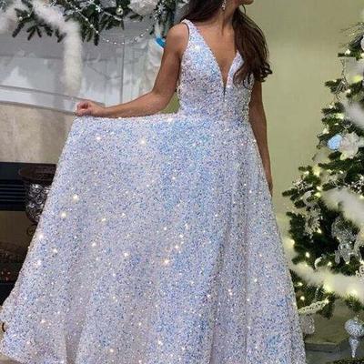 A line glitter v-neck white sequin prom dress - Thumbnail 3