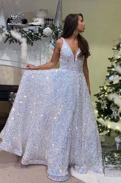 A Line Glitter V-Neck White Sequin Prom Dress