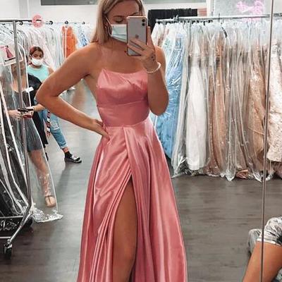 A line backless pink stain prom dresses