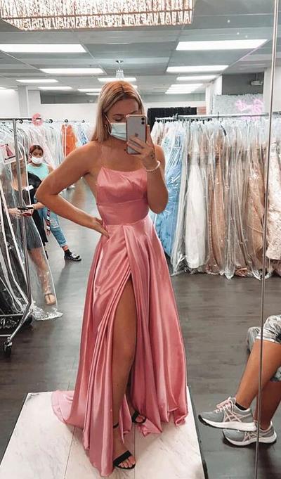A Line Backless Pink Stain Prom Dresses