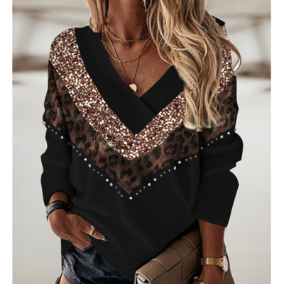 Elegant women's v-neck contrast panel sweater - Thumbnail 1