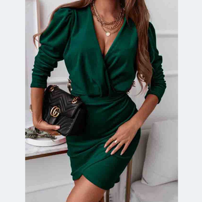 Fashion Women's Sexy V-neck Bubble Sleeve Wrap Hip Slim Dress