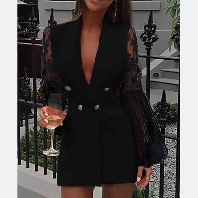 Solid color women's lace splicing high waist long sleeve dress - Thumbnail 1