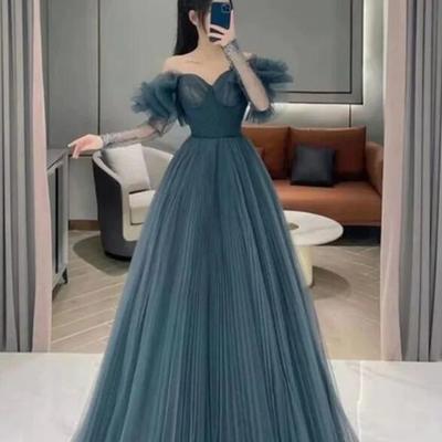 A line blue floor length tulle prom evening dresses