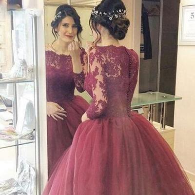 High quality princess ball gown floor length wine red party dress with lace