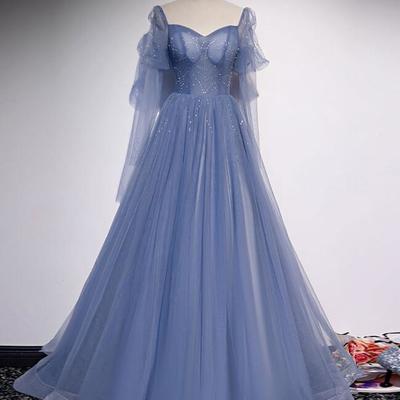 A line blue sweetheart tulle long prom dresses