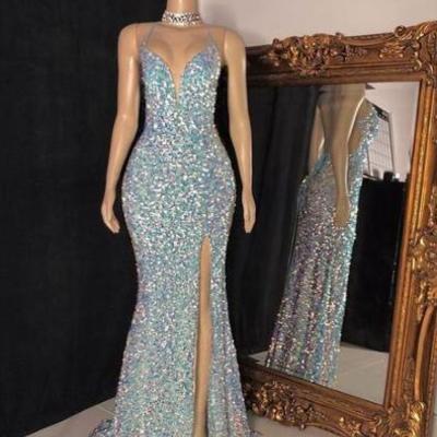 Sexy mermaid sequins sleeveless prom dresses with split