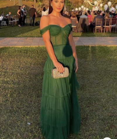Green Off Shoulder Prom Dresses Floor Length 