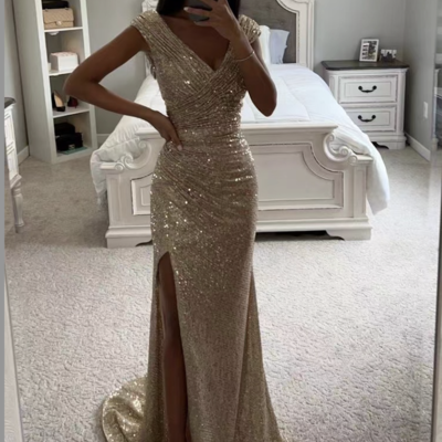 Prom dresses off v neck slit side - Thumbnail 2
