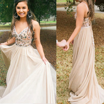 Spaghetti straps prom dresses criss cross with beaded - Thumbnail 2