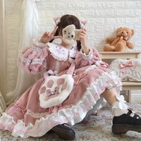 Japanese Winter Warm Plush Thick Paw Print Bow Lace Pink Black White Dress - Thumbnail 1