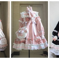 Japanese Winter Warm Plush Thick Paw Print Bow Lace Pink Black White Dress - Thumbnail 3