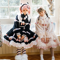 Japanese Winter Warm Plush Thick Paw Print Bow Lace Pink Black White Dress - Thumbnail 4