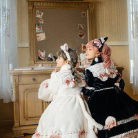 Japanese Winter Warm Plush Thick Paw Print Bow Lace Pink Black White Dress - Thumbnail 6