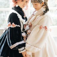 Japanese Winter Warm Plush Thick Paw Print Bow Lace Pink Black White Dress - Thumbnail 7