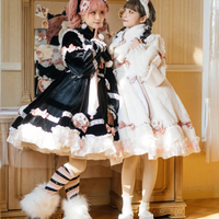 Japanese Winter Warm Plush Thick Paw Print Bow Lace Pink Black White Dress - Thumbnail 8