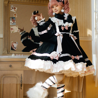 Japanese Winter Warm Plush Thick Paw Print Bow Lace Pink Black White Dress - Thumbnail 9