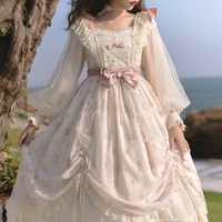 Elegant Bow Lace Pink Princess Fairytale Classic Flower Floral Pattern White Cream Pink Long Sleeve Dress - Thumbnail 1