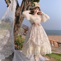 Elegant Bow Lace Pink Princess Fairytale Classic Flower Floral Pattern White Cream Pink Long Sleeve Dress - Thumbnail 2