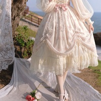 Elegant Bow Lace Pink Princess Fairytale Classic Flower Floral Pattern White Cream Pink Long Sleeve Dress - Thumbnail 3