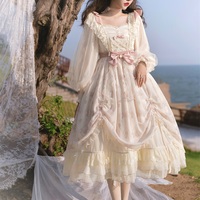 Elegant Bow Lace Pink Princess Fairytale Classic Flower Floral Pattern White Cream Pink Long Sleeve Dress - Thumbnail 4