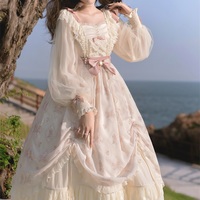 Elegant Bow Lace Pink Princess Fairytale Classic Flower Floral Pattern White Cream Pink Long Sleeve Dress - Thumbnail 7